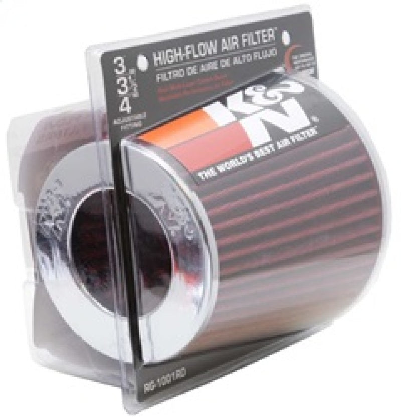 K&N Universal Air Filter Chrome Round Tapered Red - 4in Flange ID x 1.125in Flange Length x 5.5in H - Racecraft Industries