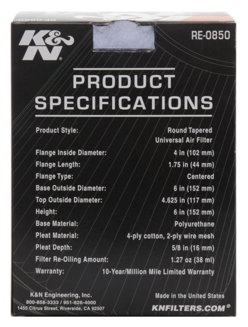 K&N Universal Air Filter (4in. Flange / 6in. Base OD / 4-5/8in. Top OD / 6in. Height) - Racecraft Industries