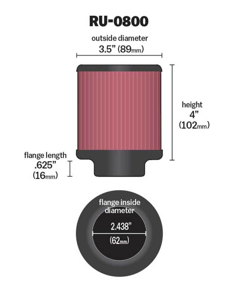 K&N Universal Air Filter - 2-7/16in Flange x 3-1/2in OD x 4in Height - Racecraft Industries