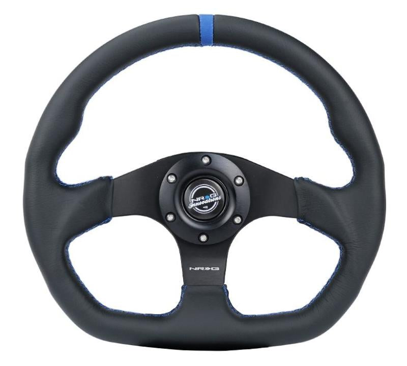 NRG Reinforced Steering Wheel (320mm) Sport Leather Flat Bottom w/ Blue Center/ Blue Stitching - Racecraft Industries