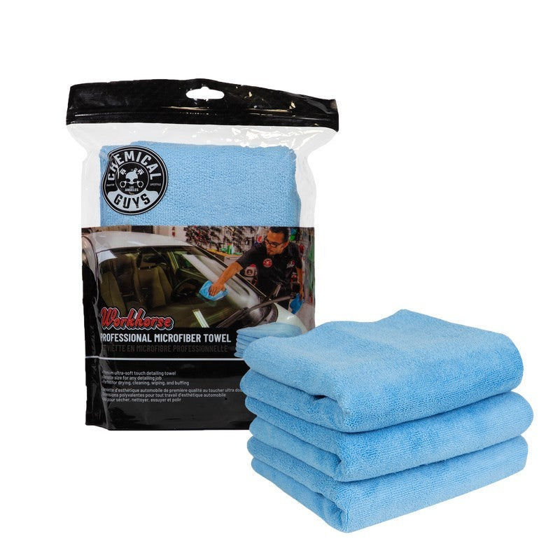 Chemical Guys Workhorse Professional Microfiber Towel - 16in x 16in - Blue - 3 Pack - Racecraft Industries