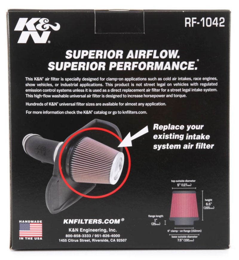 K&N Round Tapered Universal Air Filter 6in Flange ID x 7.5in Base OD x 5in Top OD x 6.5in Height - Racecraft Industries