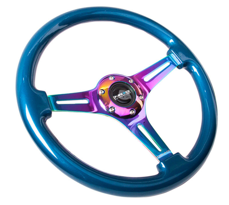 NRG Classic Wood Grain Steering Wheel (350mm) Blue Pearl/Flake Paint w/Neochrome 3-Spoke Center - Racecraft Industries