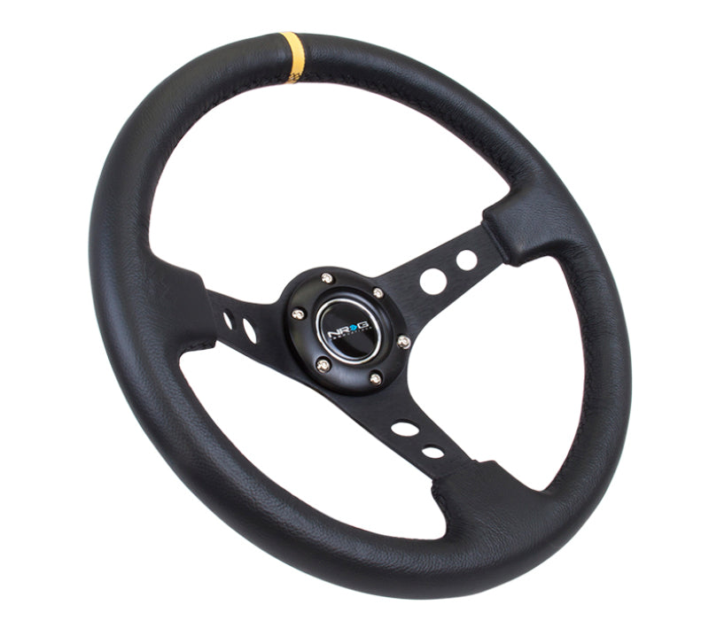 NRG Reinforced Steering Wheel (350mm / 3in. Deep) Blk Leather w/Blk Cutout Spoke/Yellow Center Mark - Racecraft Industries