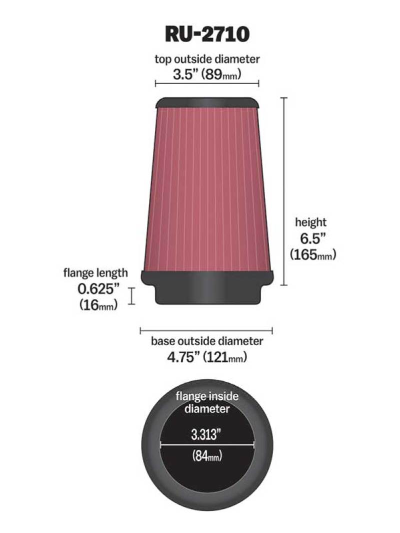 K&N Universal Rubber Filter Round Tprd 3.313in Flange ID x 4.75in Base OD x 3.5in Top OD x 6.5in H - Racecraft Industries