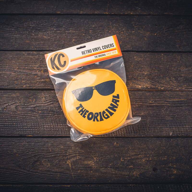 KC HiLiTES Retro 6in Round Yellow Vinyl Light Cover w/ Black KC Sunglasses Logo - Racecraft Industries