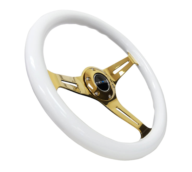 NRG Classic Wood Grain Steering Wheel (350mm) White Grip w/Chrome Gold 3-Spoke Center - Racecraft Industries