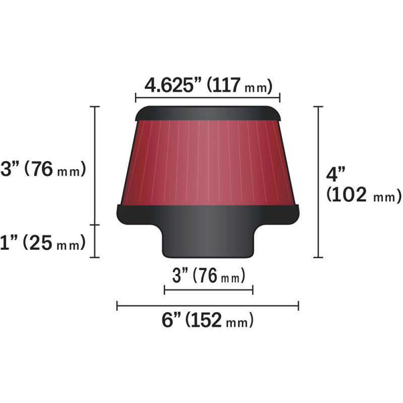 K&N Universal Round Clamp-On Air Filter 3in Flange ID x 6in Base OD x 4.625in Top OD x 3in Height - Racecraft Industries