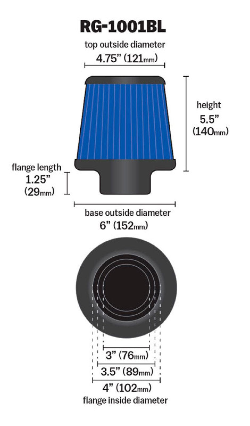 K&N Universal Air Filter Chrome Round Tapered Blue - 4in Flange ID x 1.125in Flange Length x 5.5in H - Racecraft Industries