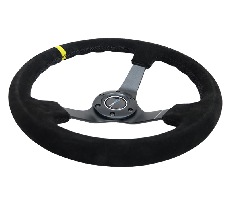 NRG Reinforced Steering Wheel (350mm / 3in. Deep) Blk Suede/X-Stitch w/5mm Blk Spoke & Yellow CM - Racecraft Industries