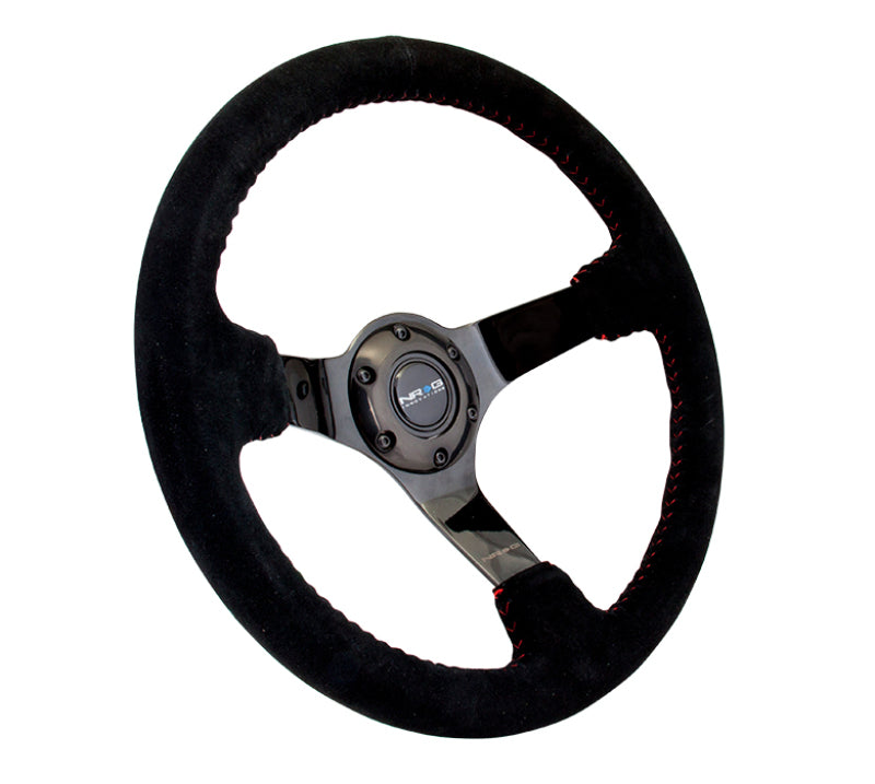 NRG Reinforced Steering Wheel (350mm / 3in. Deep) Blk Suede w/Red BBall Stitch & Black 3-Spoke - Racecraft Industries