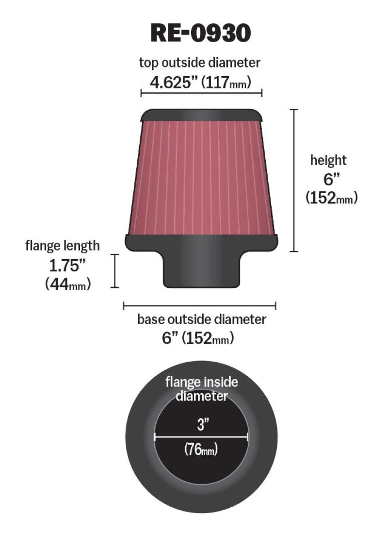 K&N Universal Rubber Filter - Round Tapered 6in Base OD x 3in Flange ID x 6in H - Racecraft Industries
