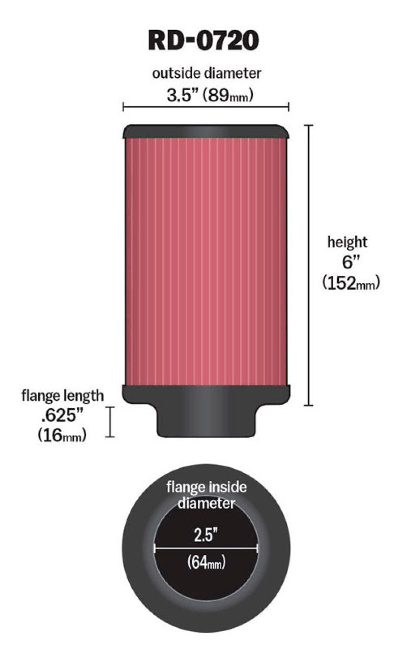 K&N Universal Rubber Filter 2.5in Flange ID x 3.5in OD x 6in Height - Racecraft Industries