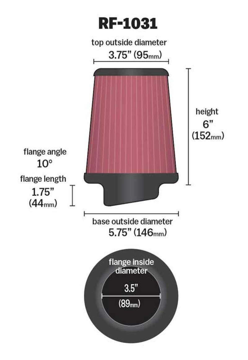 K&N Round Tapered Universal Air Filter 3.5in Flange ID / 5.75in Base OD / 3.75in Top OD / 6in H - Racecraft Industries