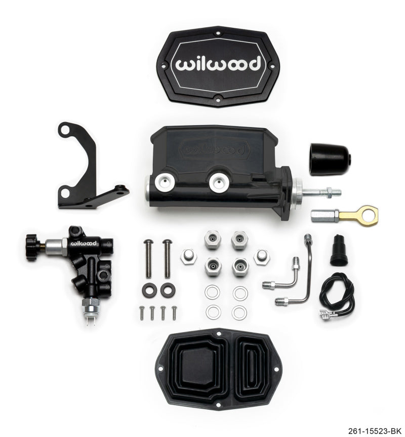Wilwood Compact Tandem M/C - 15/16in Bore w/Bracket and Valve fits Mustang (Pushrod) - Black - Racecraft Industries