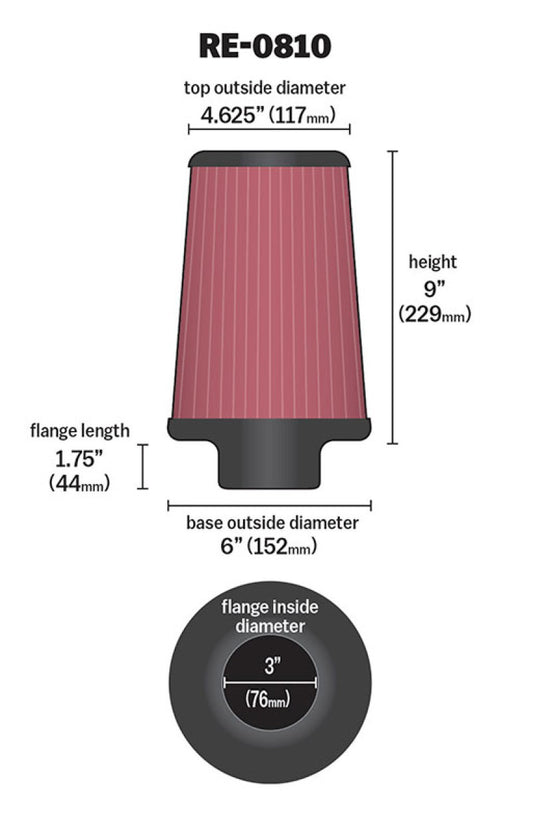 K&N Universal Rubber Filter 3inch FLG / 6inch OD-B / 4-5/8inch OD-T / 9inch L - Racecraft Industries