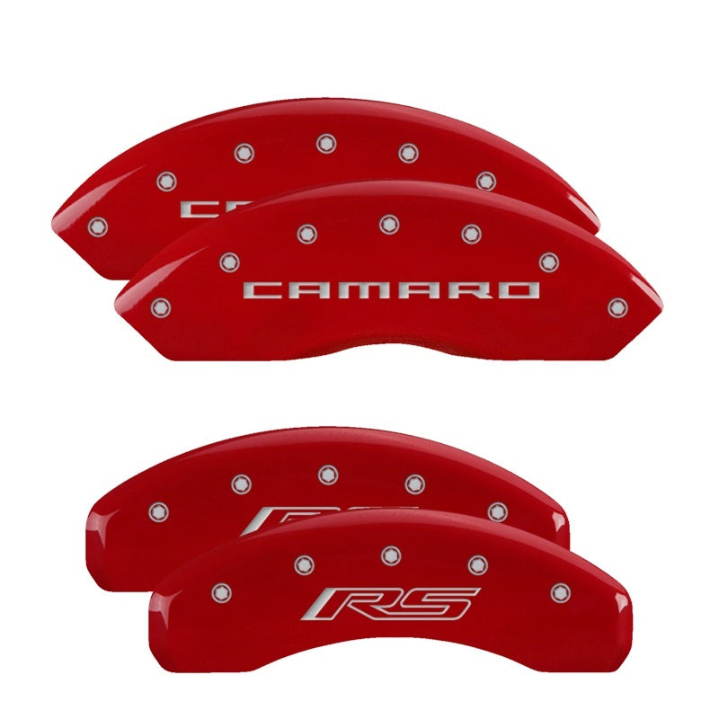 MGP 4 Caliper Covers Engraved Front Gen 5/Camaro Engraved Rear Gen 5/RS Red finish silver ch - Racecraft Industries