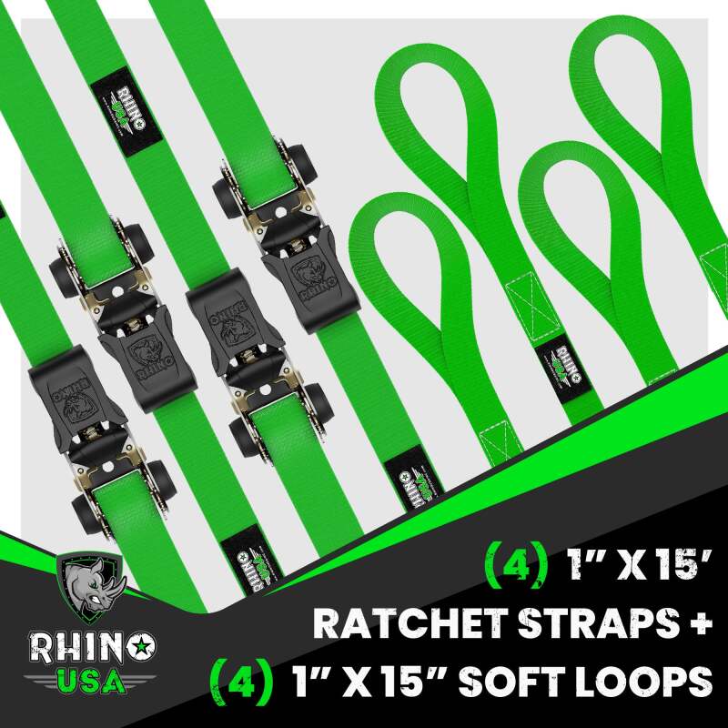 Rhino USA Medium Duty Ratchet Strap Tie-Down 4-Pack (Green) - Racecraft Industries