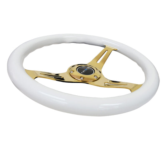 NRG Classic Wood Grain Steering Wheel (350mm) White Grip w/Chrome Gold 3-Spoke Center - Racecraft Industries