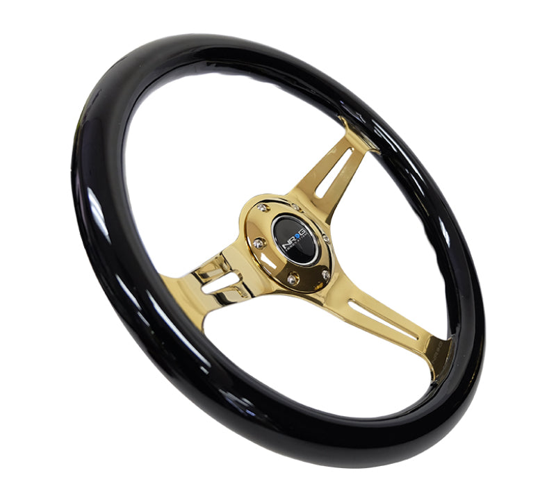 NRG Classic Wood Grain Steering Wheel (350mm) Black Grip w/Chrome Gold 3-Spoke Center - Racecraft Industries