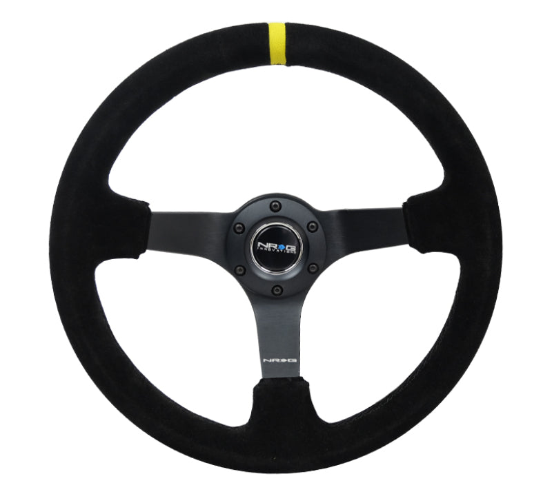NRG Reinforced Steering Wheel (350mm / 3in. Deep) Blk Suede/X-Stitch w/5mm Blk Spoke & Yellow CM - Racecraft Industries