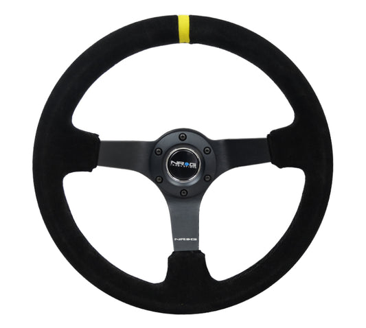 NRG Reinforced Steering Wheel (350mm / 3in. Deep) Blk Suede/X-Stitch w/5mm Blk Spoke & Yellow CM - Racecraft Industries