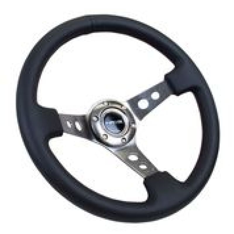 NRG Reinforced Steering Wheel (350mm / 3in. Deep) Blk Leather w/Gunmetal Circle Cutout Spokes - Racecraft Industries