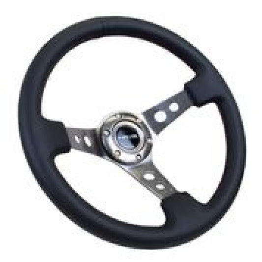 NRG Reinforced Steering Wheel (350mm / 3in. Deep) Blk Leather w/Gunmetal Circle Cutout Spokes - Racecraft Industries