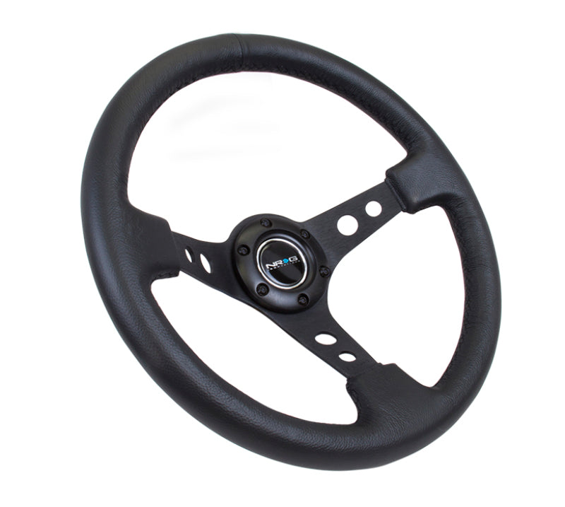 NRG Reinforced Steering Wheel (350mm / 3in. Deep) Blk Leather w/Blk Spoke & Circle Cutouts - Racecraft Industries