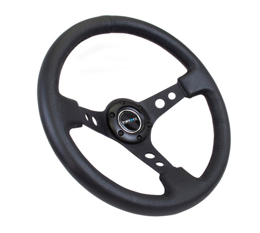 NRG Reinforced Steering Wheel (350mm / 3in. Deep) Blk Leather w/Blk Spoke & Circle Cutouts - Racecraft Industries
