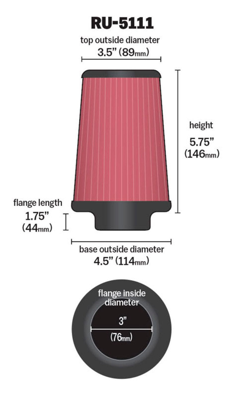 K&N Filter Universal Rubber Filter 3 Flange 4 1/2 Base inch 3 1/2 inch Top 5 3/4 inch Height - Racecraft Industries