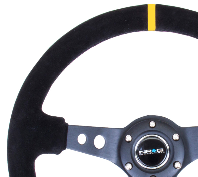 NRG Reinforced Steering Wheel (350mm / 3in. Deep) Blk Suede w/Circle Cut Spokes & Single Yellow CM - Racecraft Industries