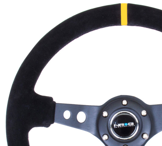 NRG Reinforced Steering Wheel (350mm / 3in. Deep) Blk Suede w/Circle Cut Spokes & Single Yellow CM - Racecraft Industries