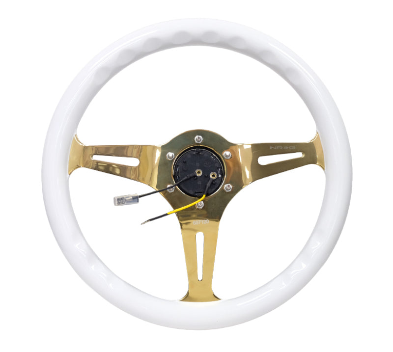 NRG Classic Wood Grain Steering Wheel (350mm) White Grip w/Chrome Gold 3-Spoke Center - Racecraft Industries
