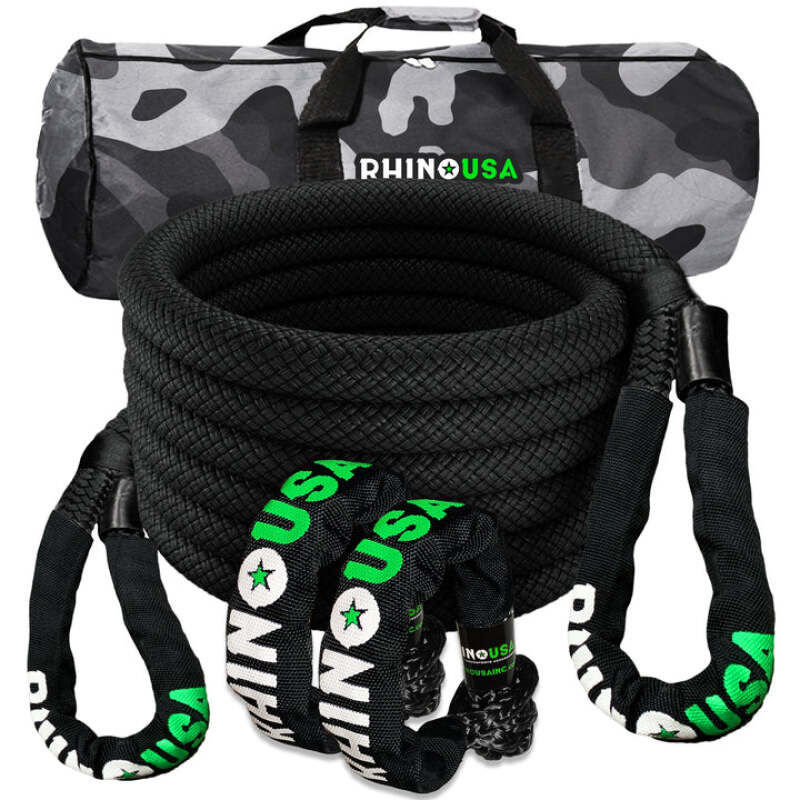 Rhino USA 7/8In X 30Ft Kinetic Rope Recovery Kit W/Soft Shackles (Black) - Racecraft Industries