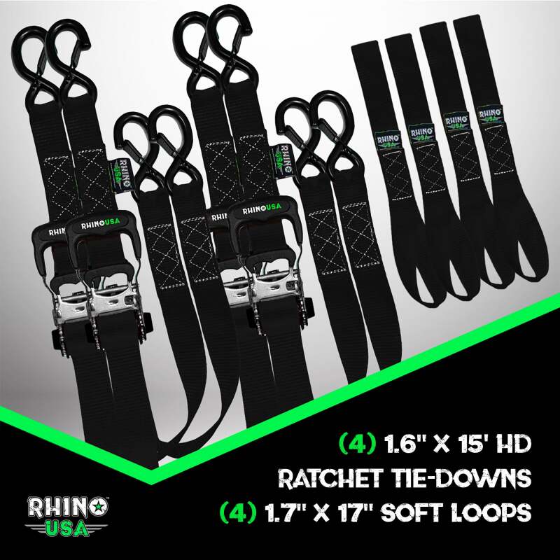 Rhino USA Heavy Duty Ratchet Tie-Down 4-Pack Black 1.6In X 15Ft - Racecraft Industries