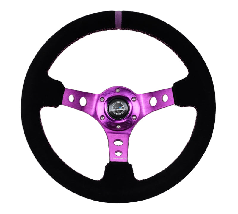 NRG Reinforced Steering Wheel (350mm / 3in. Deep) Black Suede w/Purple Center & Purple Stitching - Racecraft Industries