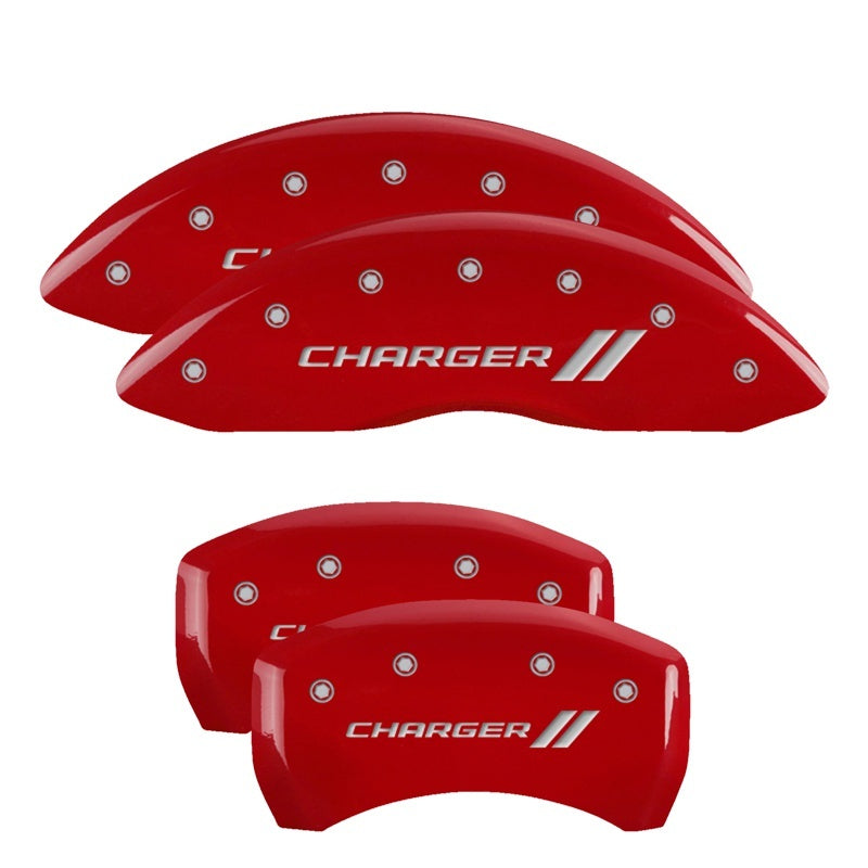 MGP 4 Caliper Covers Engraved Front & Rear With stripes/Charger Red finish silver ch - Racecraft Industries