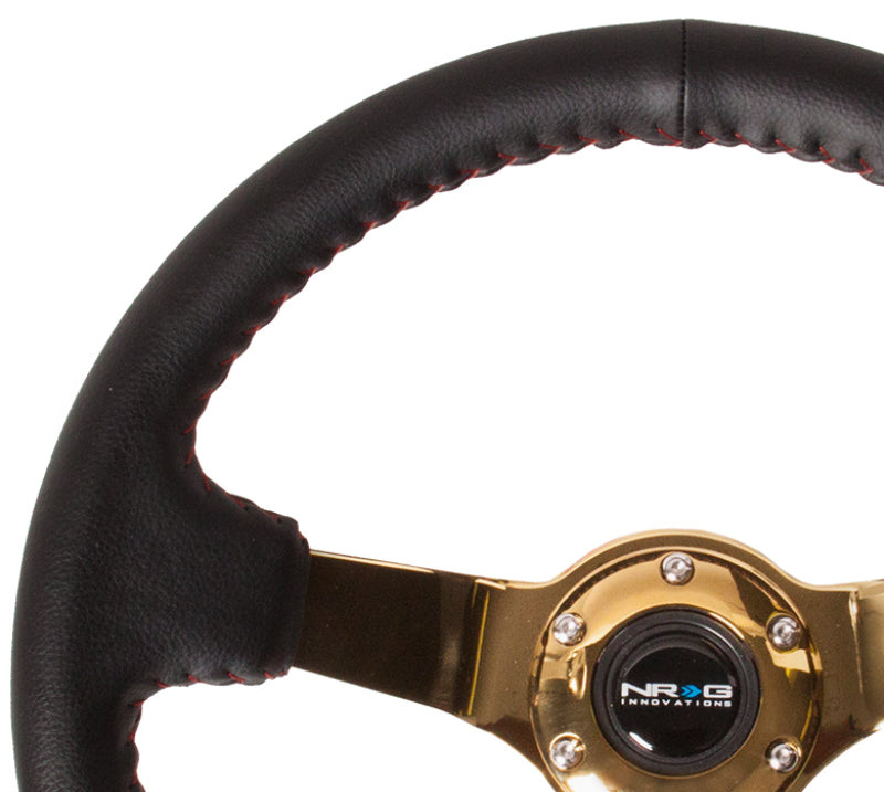 NRG Reinforced Steering Wheel (350mm / 3in. Deep) Blk Leather/Red BBall Stitch w/4mm Gold Spokes - Racecraft Industries