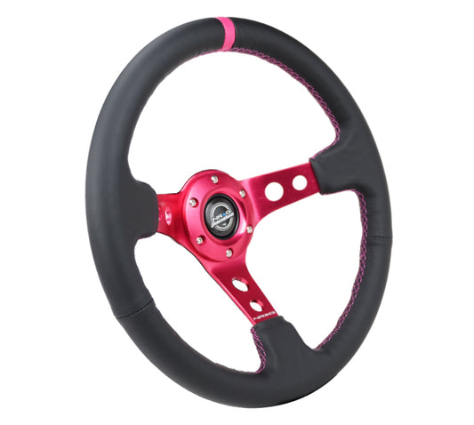 NRG Reinforced Steering Wheel (350mm/3in. Deep) Black Leather/ Fushia Center Mark/ Fushia Stitching - Racecraft Industries
