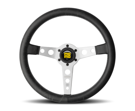 Momo Prototipo Steering Wheel 350 mm - Black Leather/White Stitch/Brshd Spokes - Racecraft Industries