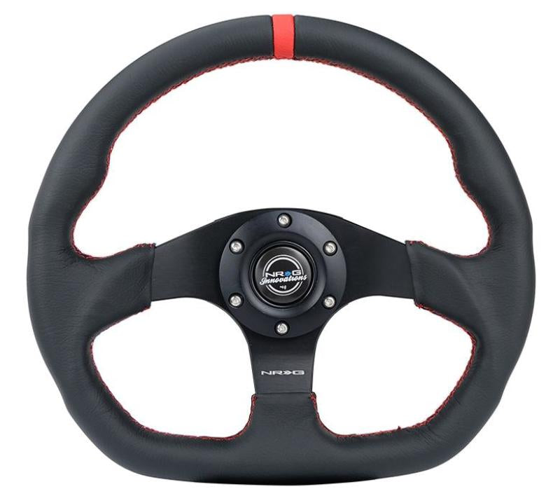 NRG Reinforced Steering Wheel (320mm) Sport Leather Flat Bottom w/ Red Center Mark/ Red Stitching - Racecraft Industries