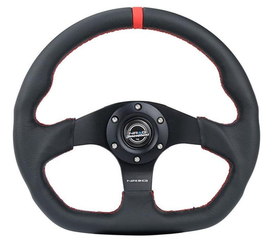 NRG Reinforced Steering Wheel (320mm) Sport Leather Flat Bottom w/ Red Center Mark/ Red Stitching - Racecraft Industries