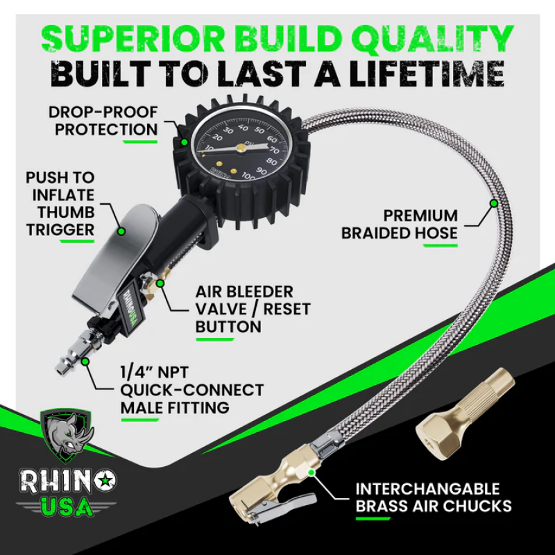 Rhino USA 100 Psi Analog Tire Inflator Gauge - Racecraft Industries