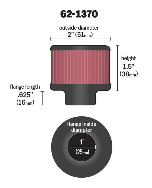 K&N 1in Flange ID x 2in OD x 1.5 inch H Rubber Base Crankcase Vent Filter - Racecraft Industries