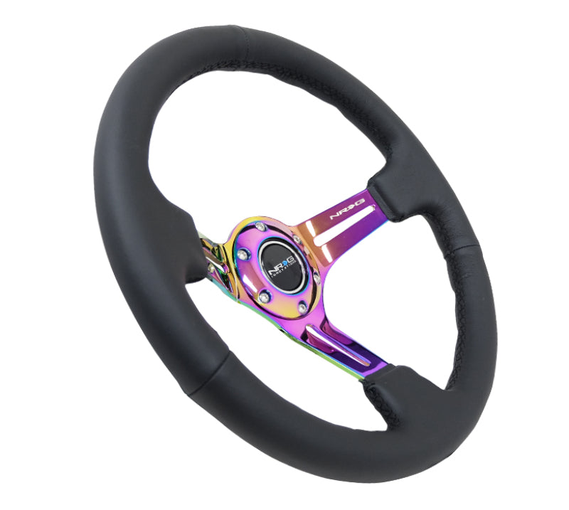 NRG Reinforced Steering Wheel (350mm / 3in. Deep) Blk Leather/Blk Stitch w/Neochrome Slits - Racecraft Industries