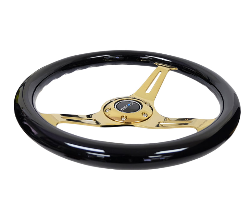 NRG Classic Wood Grain Steering Wheel (350mm) Black Grip w/Chrome Gold 3-Spoke Center - Racecraft Industries