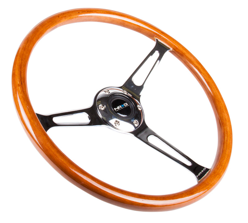 NRG Reinforced Steering Wheel (360mm) Classic Wood Grain w/Chrome Cutout 3-Spoke Center - Racecraft Industries