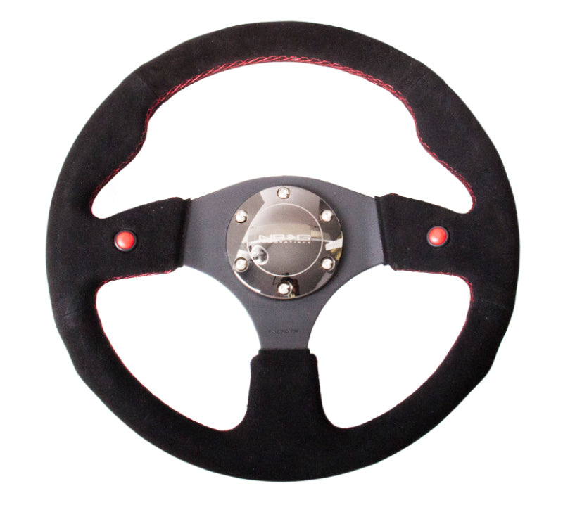 NRG Reinforced Steering Wheel (320mm) Blk Suede w/Dual Buttons - Racecraft Industries