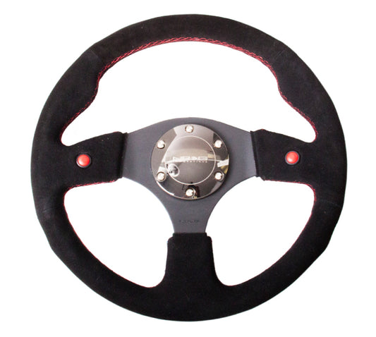 NRG Reinforced Steering Wheel (320mm) Blk Suede w/Dual Buttons - Racecraft Industries
